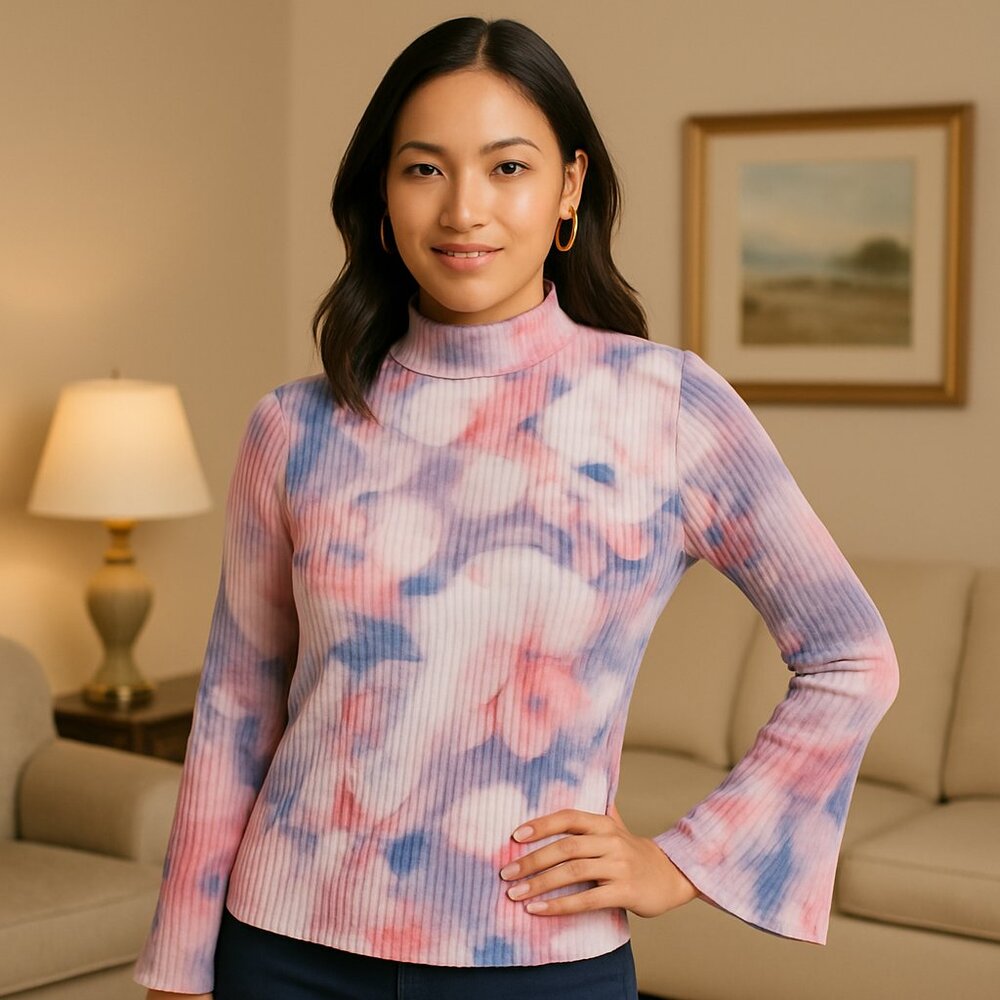Pilcro Anthropologie XL Ribbed Velvet Floral Turtleneck Purple Vintage Y2K
